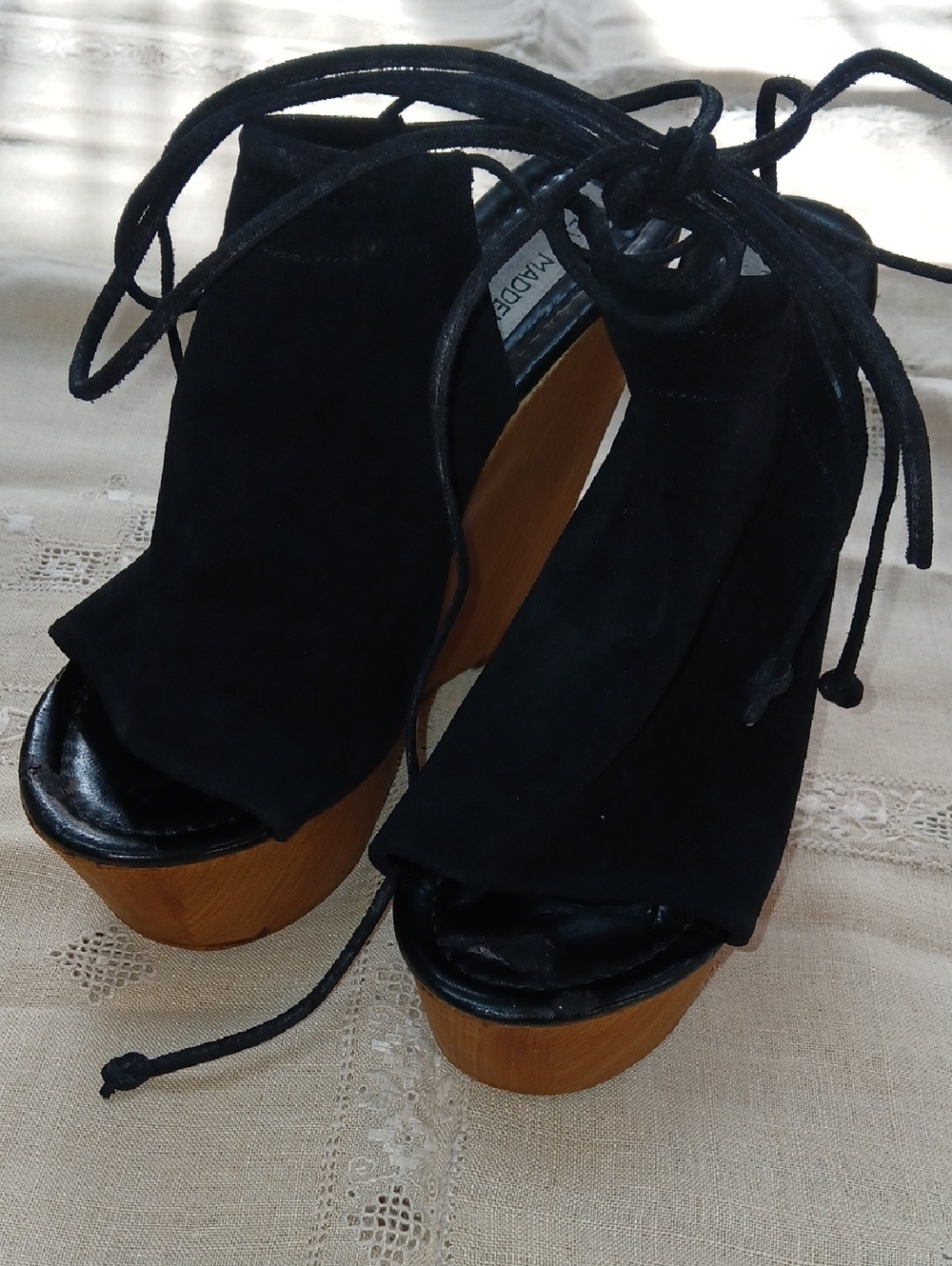 Madden Girl Black Suede Lace-Up Platform Sandals with Wood-Effect Sole